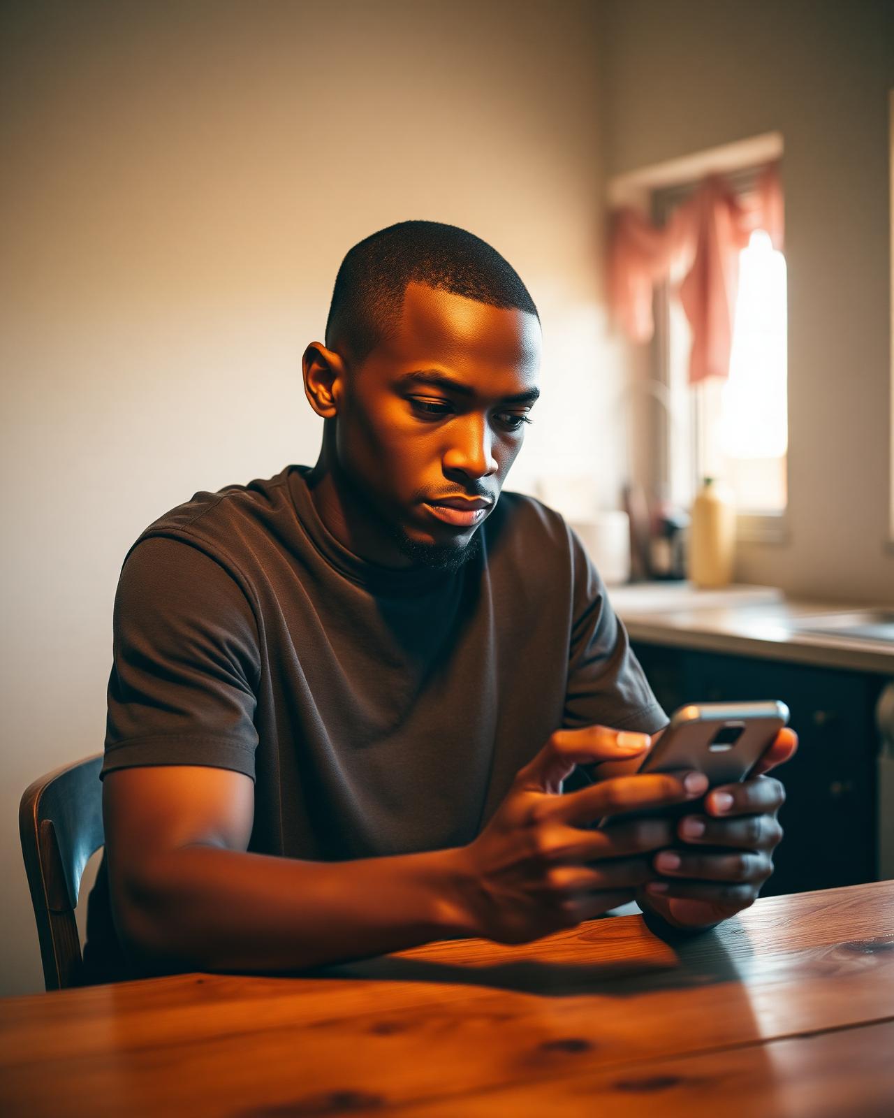 A young man sceptically reading a marketplace deal on his phone at a kitchen table