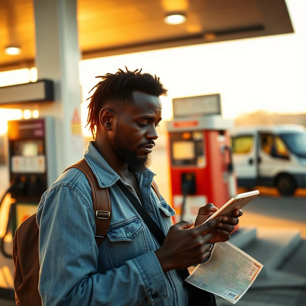 Traveler at a fuel station checking their phone and a paper map